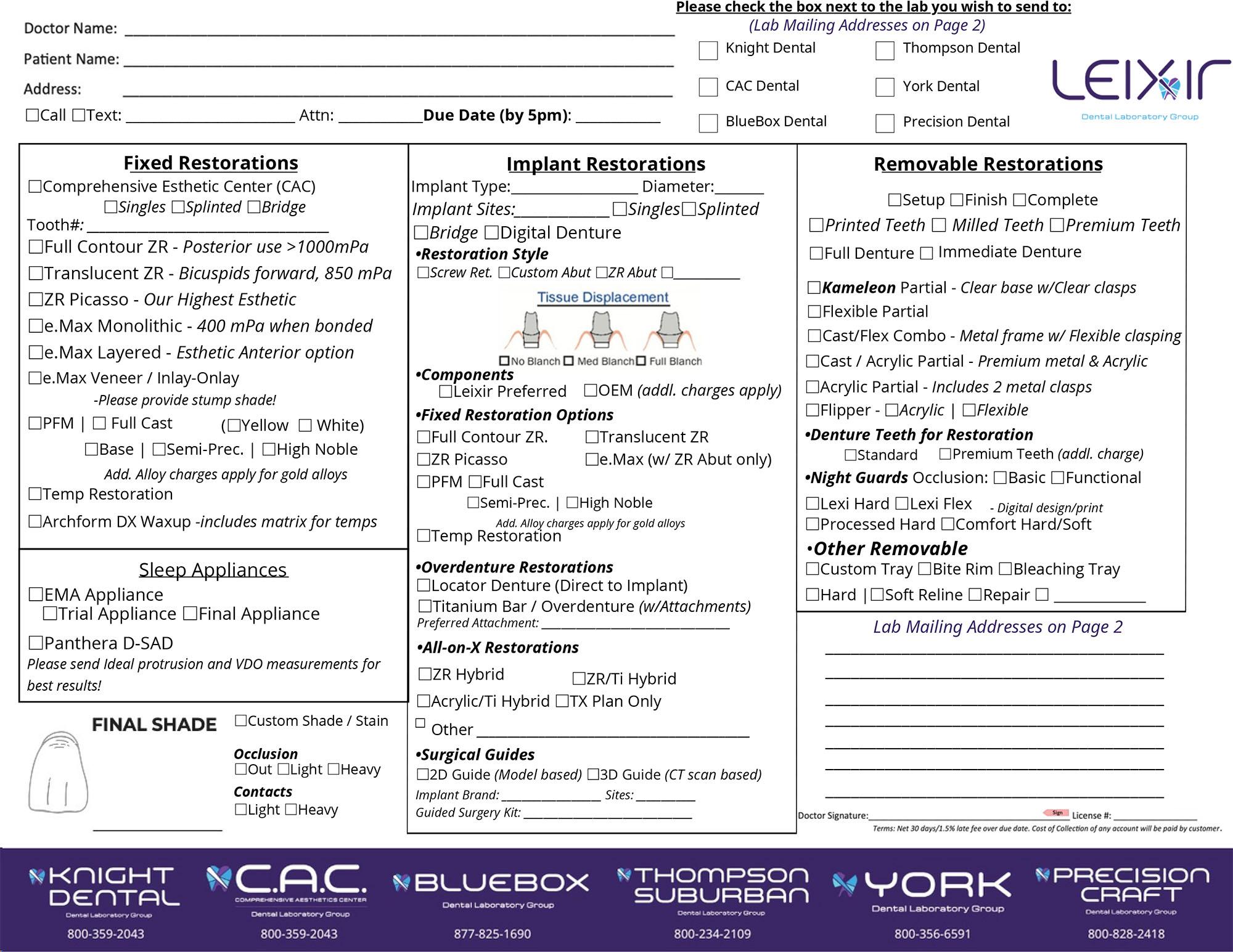 Lab Rx Form - Leixir Dental Laboratory Group